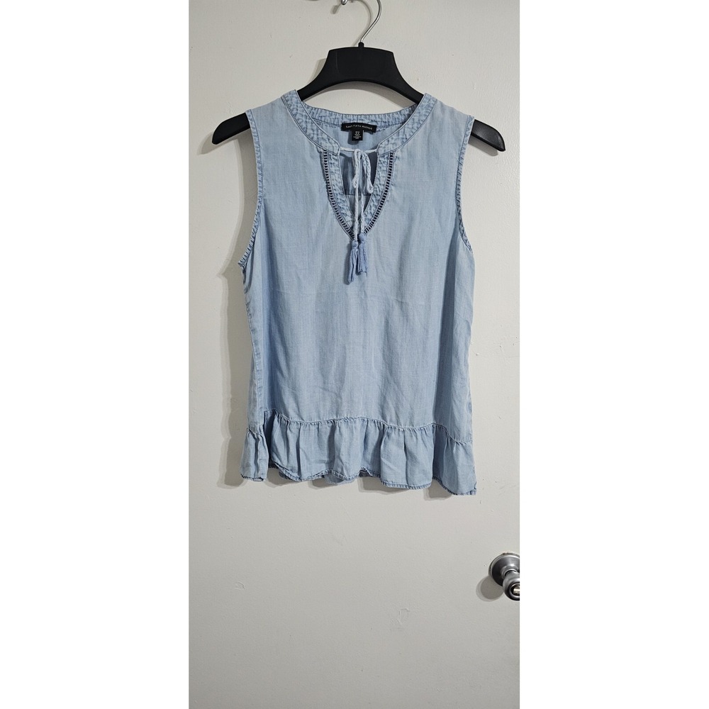 Saks 5th Avenue Womens Tunic Top Medium Blue Sleeveless Lycocell Denim Look